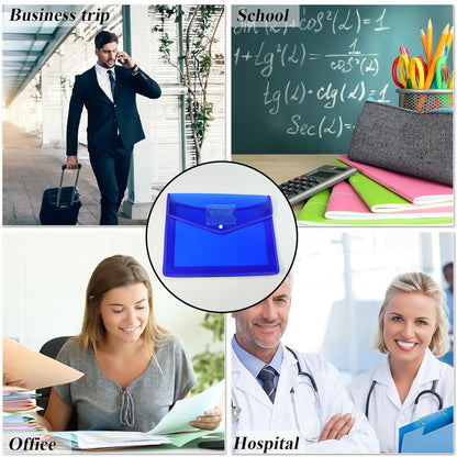 Wukusy transparent document file folder with multi-color button closure, showing a clear plastic cover and colorful tabs.