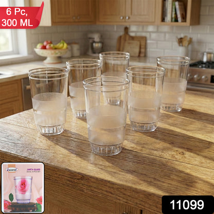 Set of six transparent Wukusy Janta drinking glasses, 300ml each, displayed on a clean surface, showcasing clear glassware.
