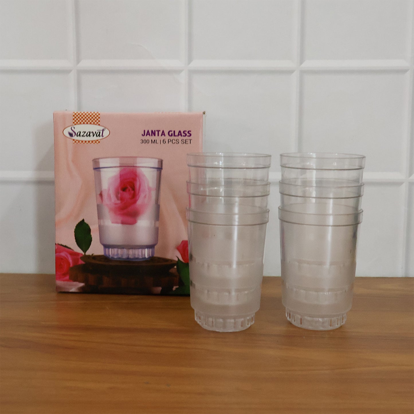 Set of six transparent Wukusy Janta drinking glasses, 300ml capacity, clear glass with simple design for everyday use.