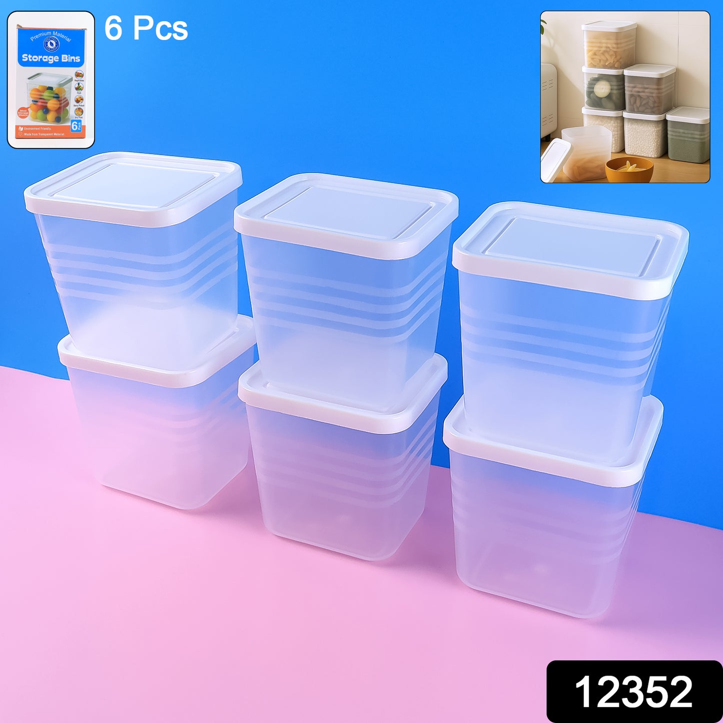 Six transparent square plastic food storage containers by Wukusy, stackable and airtight for kitchen organization and food preservation.