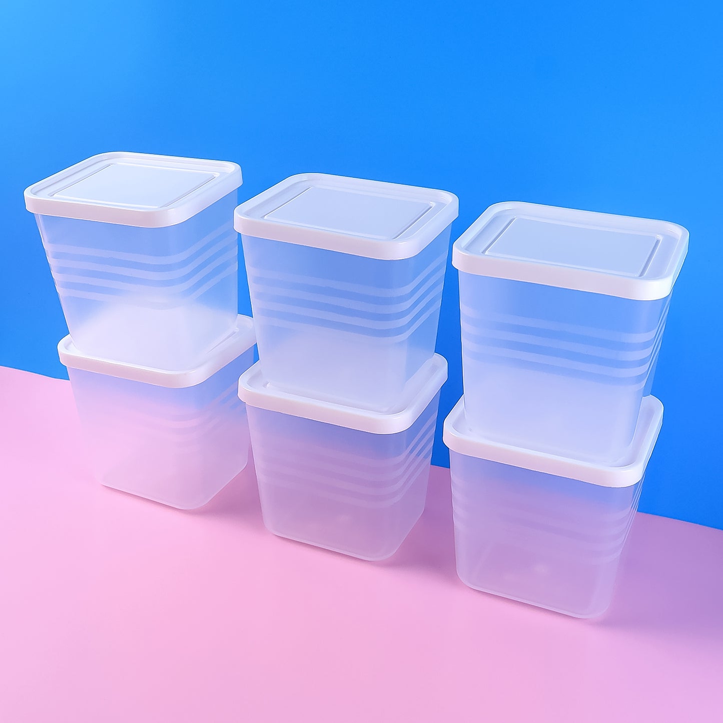 Six clear square plastic food storage containers set by Wukusy, stackable with lids for kitchen organization and freshness.