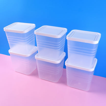 Six clear square plastic food storage containers set by Wukusy, stackable with lids for kitchen organization and freshness.