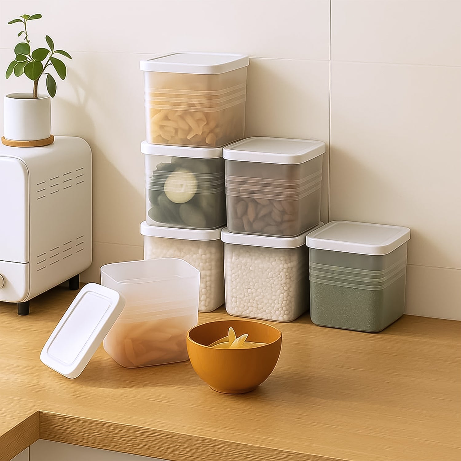Six transparent square plastic food storage containers by Wukusy, stackable with airtight lids for kitchen organization.
