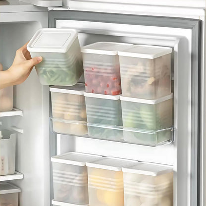 Six transparent square plastic food storage containers by Wukusy, stackable and airtight for kitchen organization.