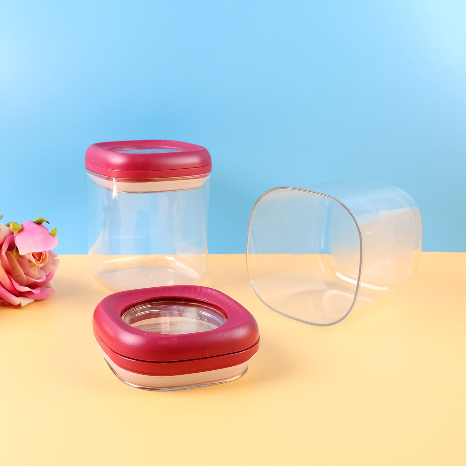 Wukusy transparent twist lock kitchen storage container set, 2-piece, 800ml capacity, clear plastic with secure locking lids