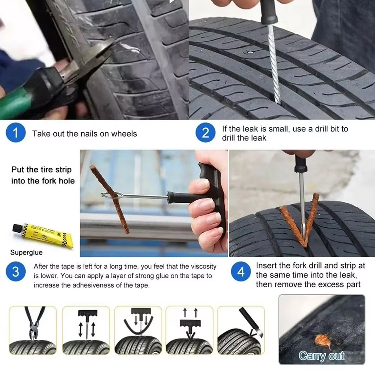 Wukusy tyre puncture repair kit with 3 seal strips, 5-piece set, including tools for quick bicycle or motorcycle tyre repairs.