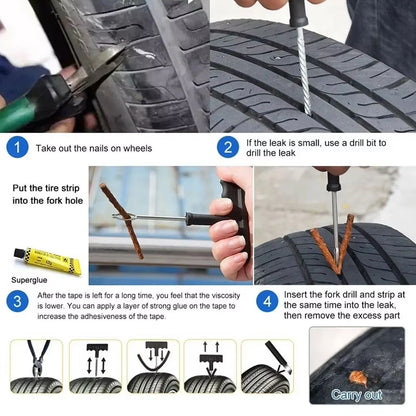 Wukusy tyre puncture repair kit with 3 seal strips, 5-piece set, including tools for quick bicycle or motorcycle tyre repairs.