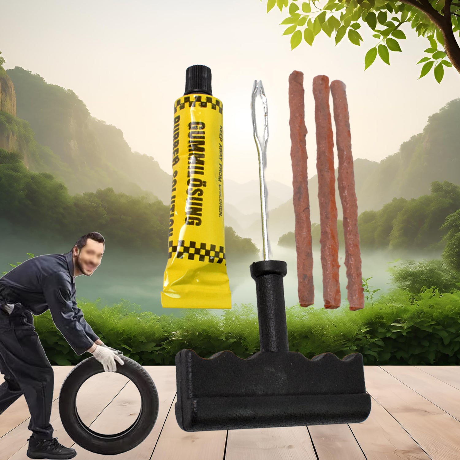 Wukusy tyre puncture repair kit with 3 seal strips, 5-piece set, including tools for repairing bicycle or motorcycle tires.