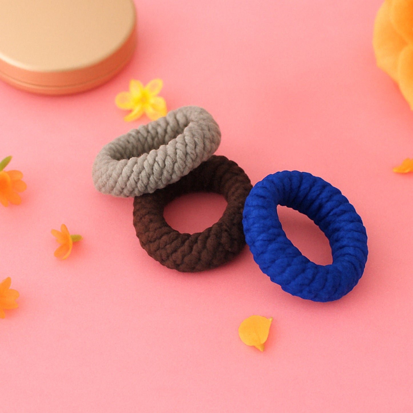 Set of three multicolour Tyre Shape Hair Rubber Bands by Wukusy, featuring vibrant, flexible hair ties with tyre-like design.