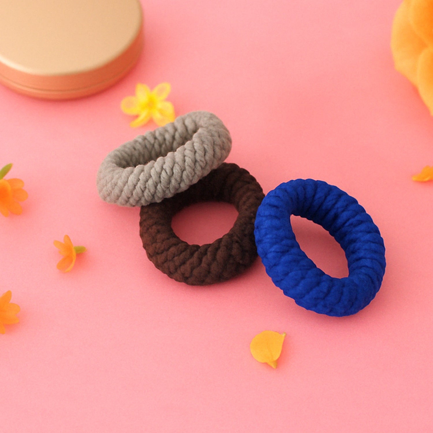 Set of three multicolour Tyre Shape Hair Rubber Bands by Wukusy, featuring vibrant, flexible hair ties with tyre-like design.