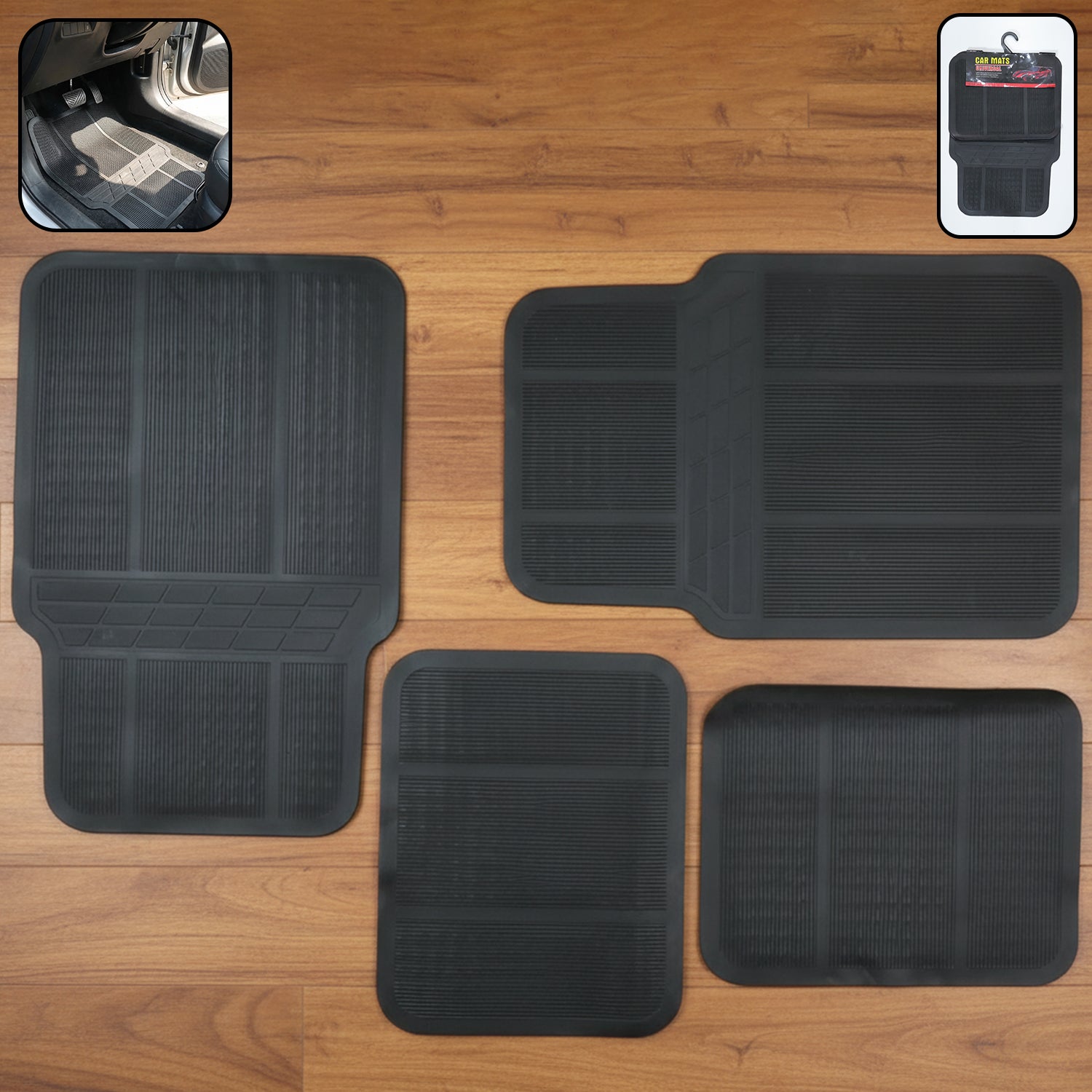 Wukusy universal car floor mat set with four black rubber mats for front and rear vehicle protection.