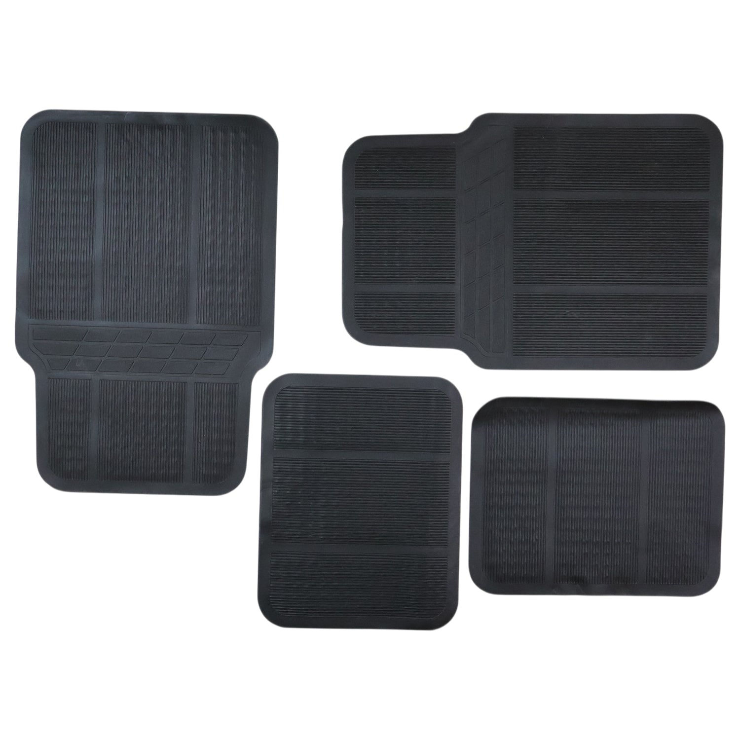 Set of four Wukusy universal car floor mats showing textured rubber surface and fitted edges for vehicle interior protection.