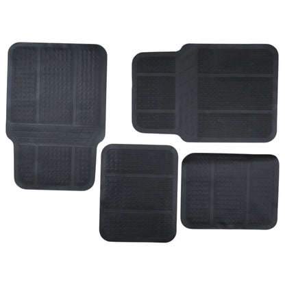 Set of four Wukusy universal car floor mats showing textured rubber surface and fitted edges for vehicle interior protection.