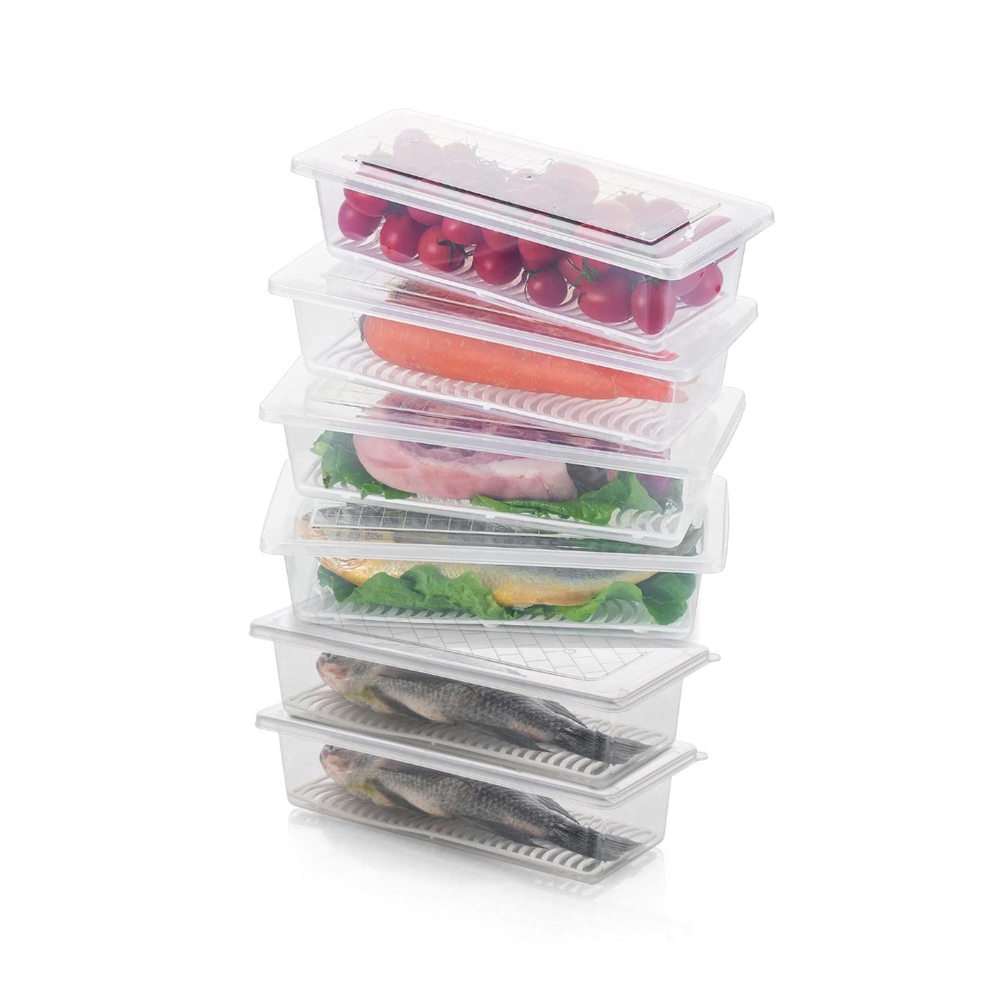 Six Wukusy freezer storage containers for vegetables and fruits, 1500ml capacity each, clear plastic with lids for fresh storage.