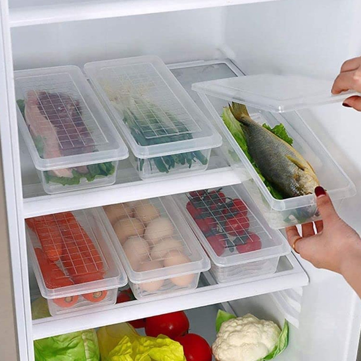Six Wukusy freezer storage containers for vegetables and fruits, 1500ml capacity each, with clear lids for freshness and organization.