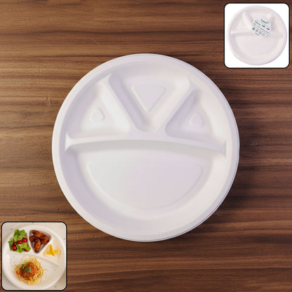 Wukusy Vegnar 4-compartment disposable food serving plate set with 10 plates, featuring divided sections for different food types.
