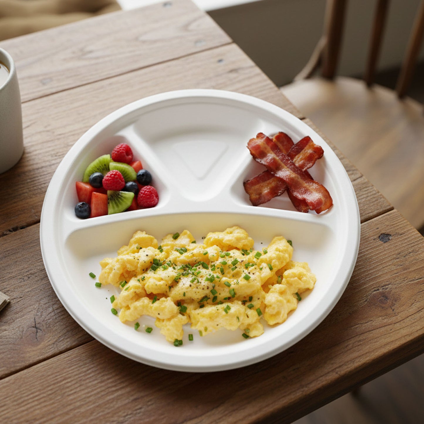 Wukusy Vegnar 4-compartment disposable food serving plate set with 10 plates, ideal for serving diverse meals at gatherings.