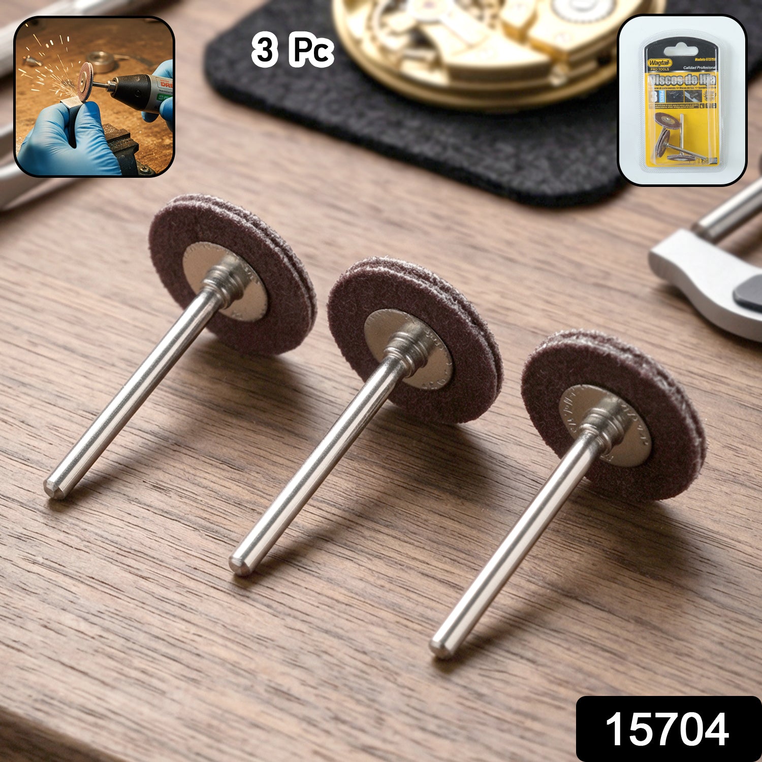 Wukusy Wagtail Mini Rotary Tool Grinding Wheel Disc Set with metal shank, 3-piece set for detailed grinding and polishing tasks.
