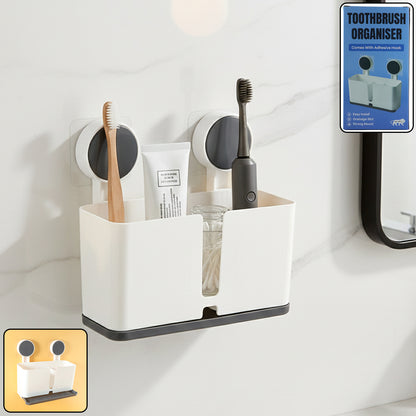 Wukusy wall-mounted toothbrush holder with three compartments and adhesive installation, designed for bathroom organization.