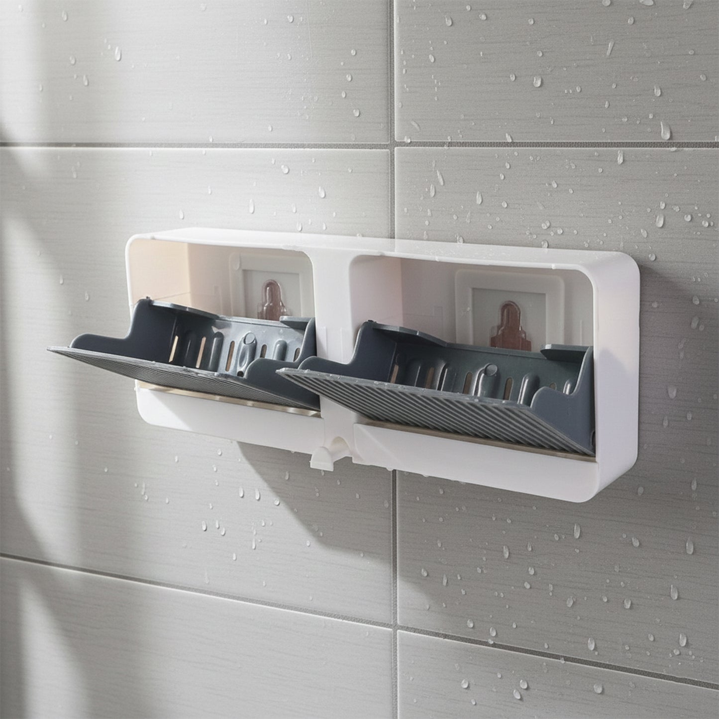 Wall-mounted Wukusy bathroom storage with four compartments for soap, organizing toiletries and keeping the bathroom tidy.