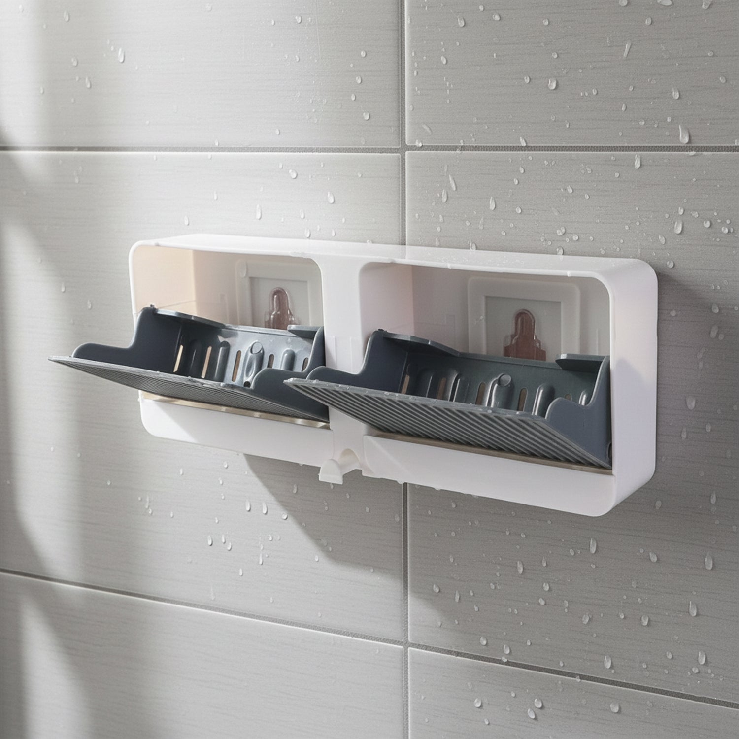 Wall-mounted Wukusy bathroom storage with four compartments for soap, organizing toiletries and keeping the bathroom tidy.