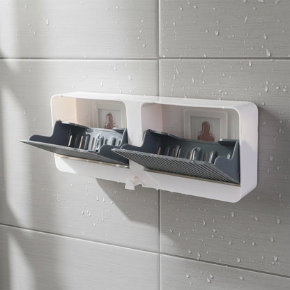 Wall-mounted Wukusy bathroom storage with four compartments for soap, organizing toiletries and keeping the bathroom tidy.