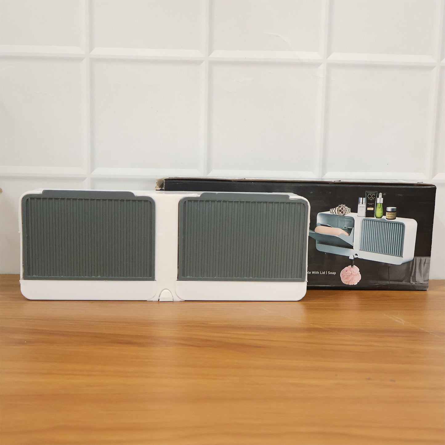Wall-mounted Wukusy bathroom storage soap holder with four compartments for organizing toiletries and bath essentials.