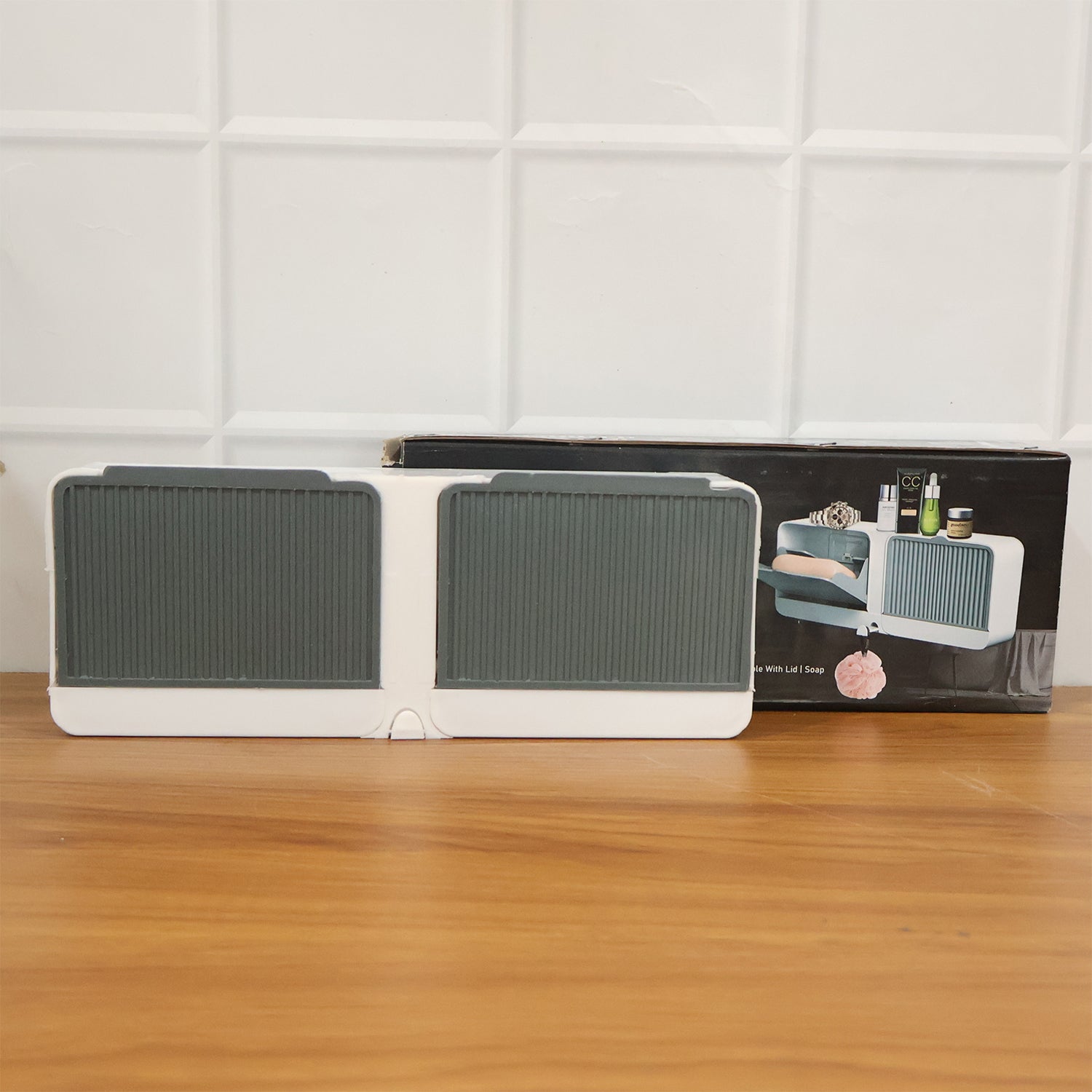 Wall-mounted Wukusy bathroom storage soap holder with four compartments for organizing toiletries and bath essentials.