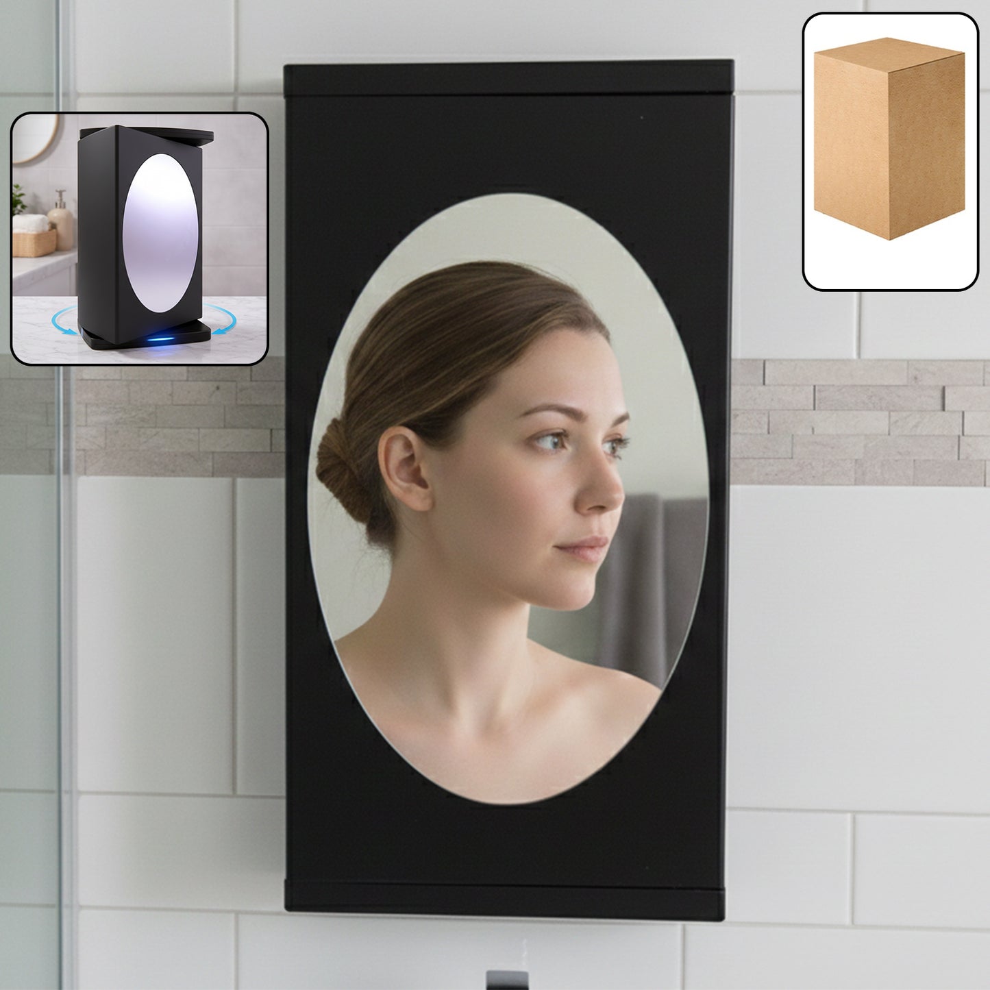 Wall-mounted black rotating storage cabinet organizer by Wukusy, compact 22x42 cm with versatile rotating shelves for kitchen or bathroom.