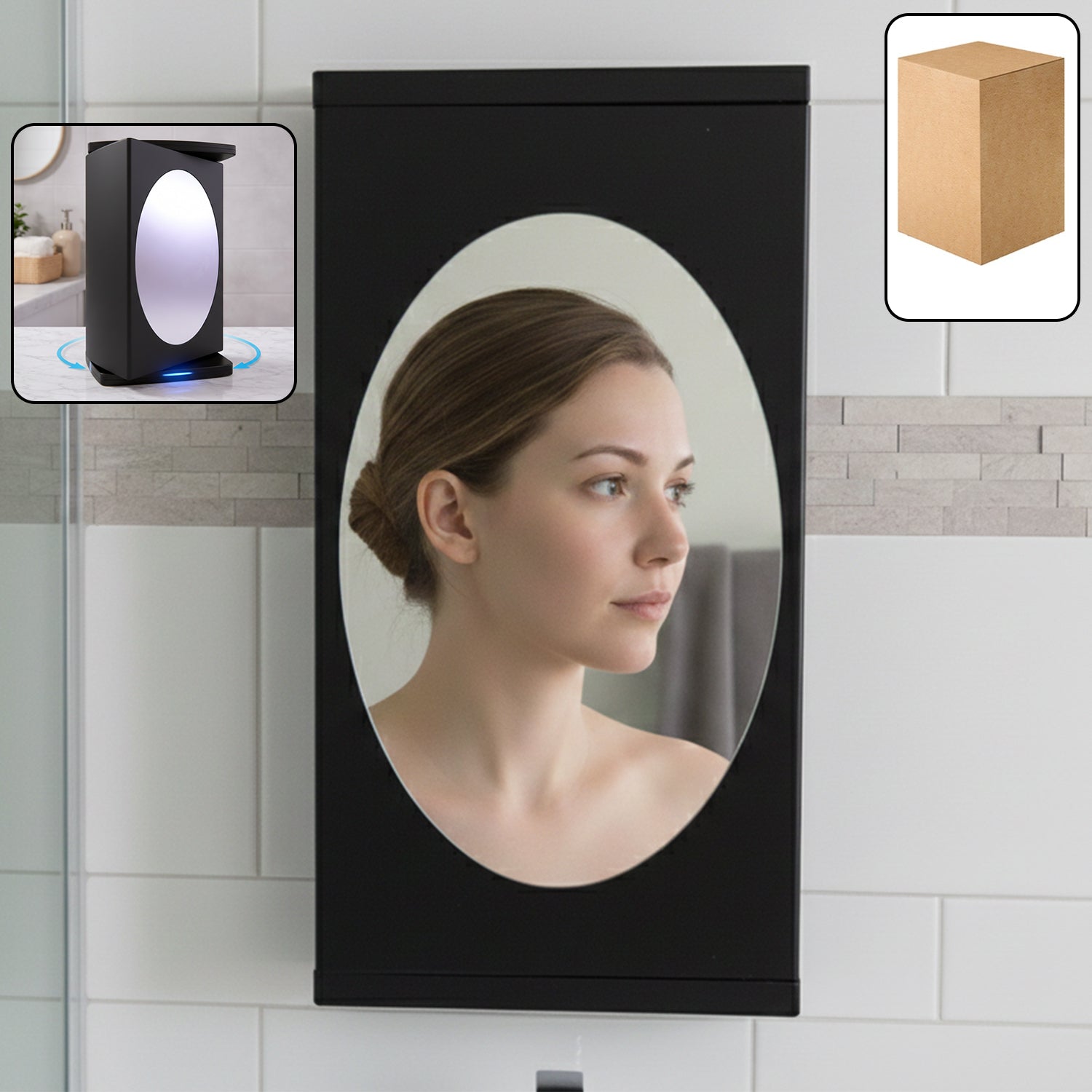 Wall-mounted black rotating storage cabinet organizer by Wukusy, compact 22x42 cm with versatile rotating shelves for kitchen or bathroom.
