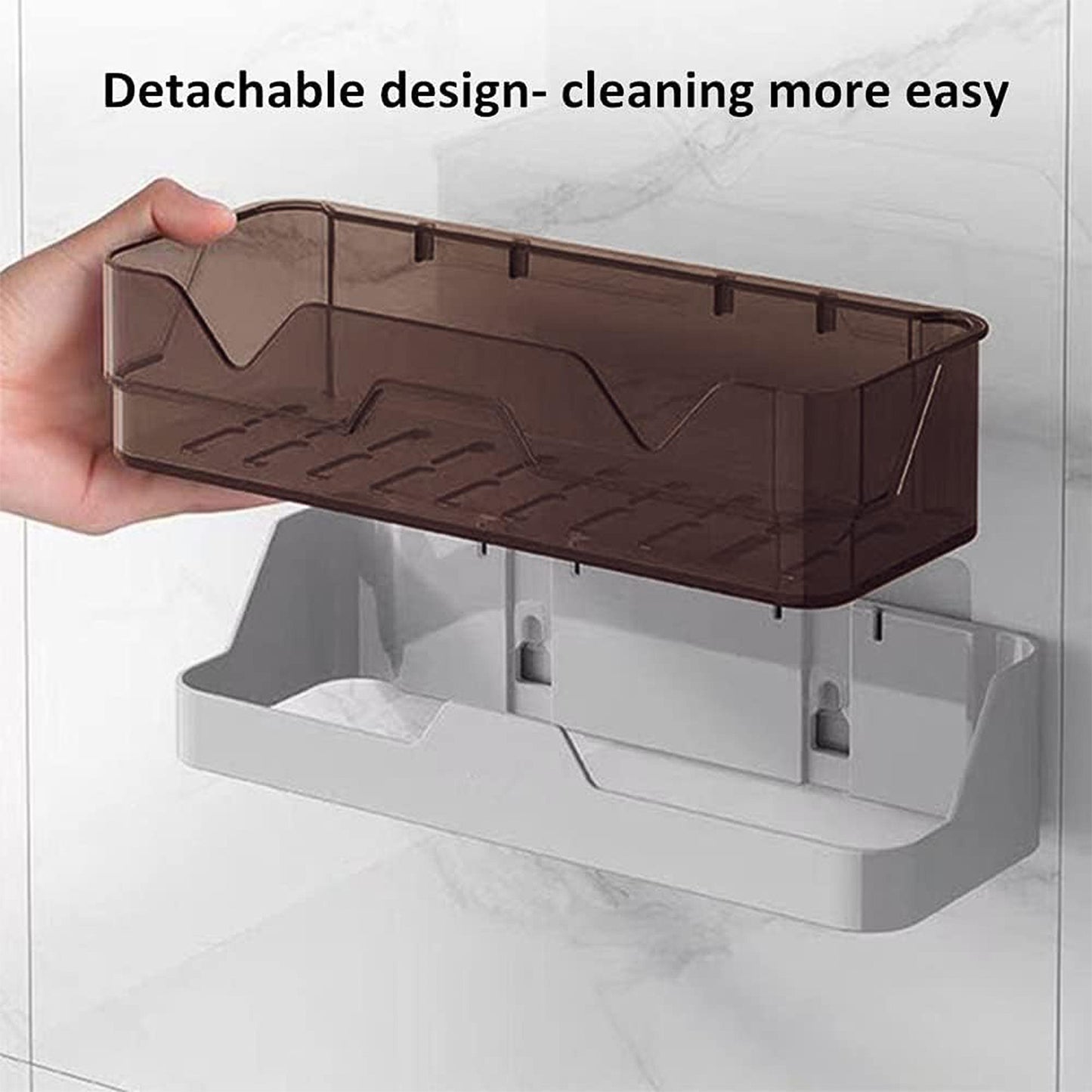Wall-mounted Wukusy self-adhesive plastic storage shelf installed on a wall for organizing small items.