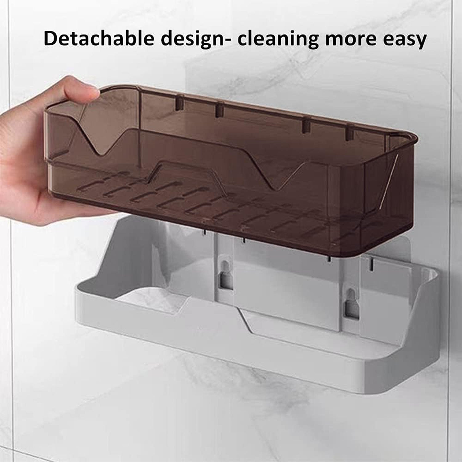 Wall-mounted Wukusy self-adhesive plastic storage shelf installed on a wall for organizing small items.