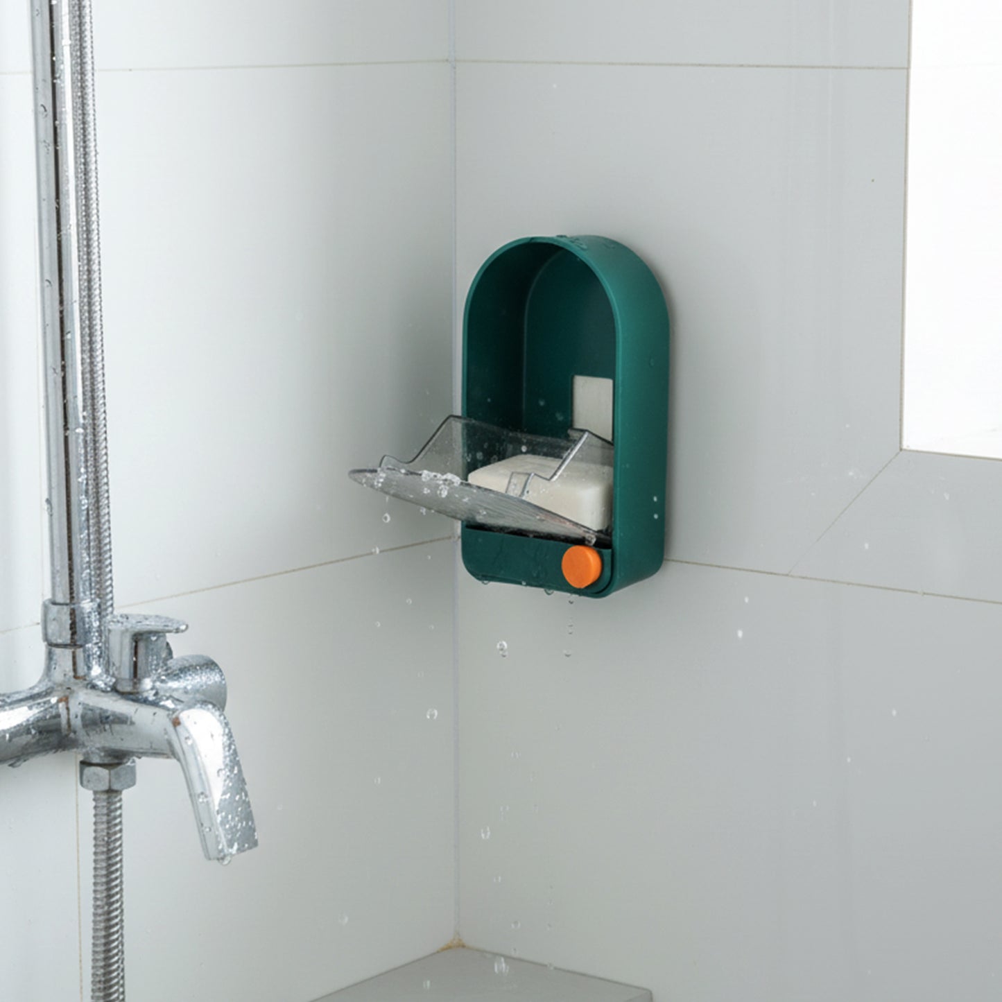 Wall-mounted soap holder with drain tray by Wukusy, shown installed in a bathroom for convenient soap storage.