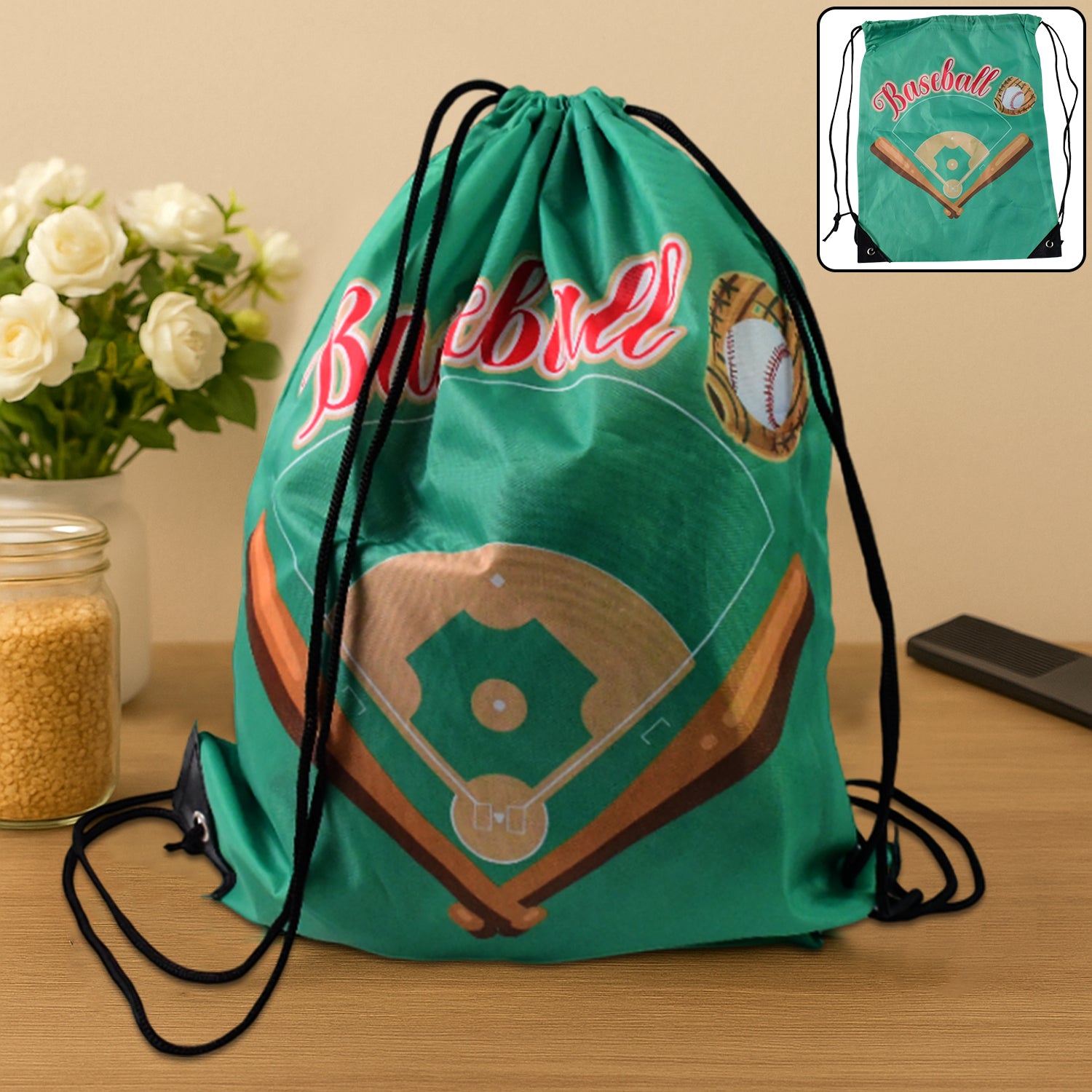 Wukusy water-resistant nylon drawstring backpack bag showing front view with adjustable straps and spacious interior