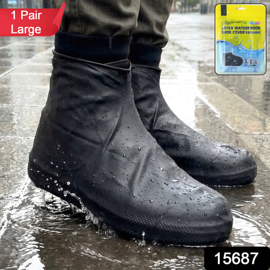 Pair of large waterproof silicone shoe covers by Wukusy, showing the flexible, transparent material for protecting shoes from moisture.