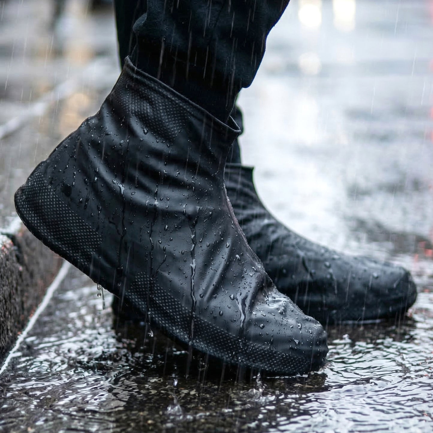 Pair of large Wukusy waterproof silicone shoe covers protecting footwear from rain and moisture.