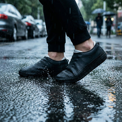 Pair of black Wukusy waterproof silicone shoe covers in medium size, designed to protect shoes from water and dirt.