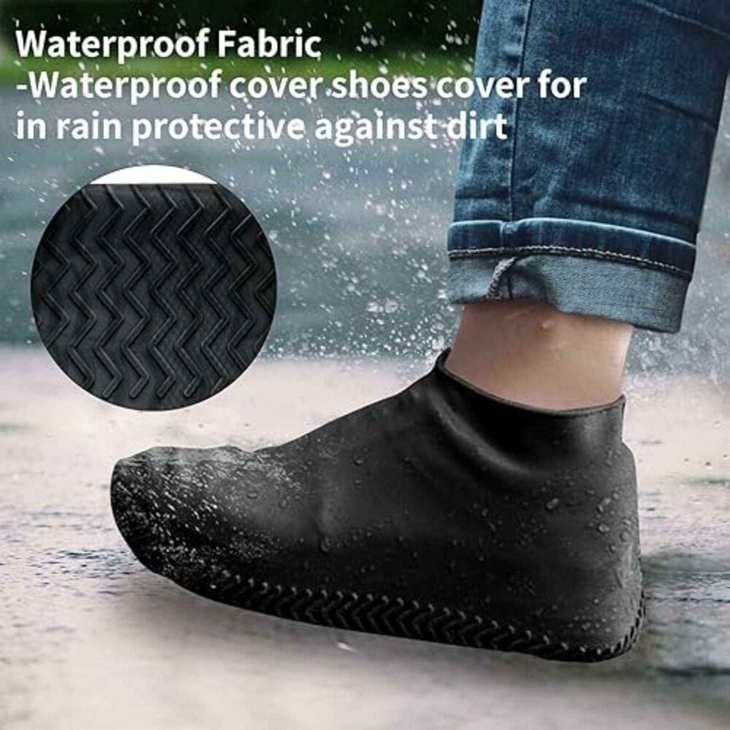 Pair of black waterproof silicone shoe covers by Wukusy, medium size, designed to protect shoes from water and mud.