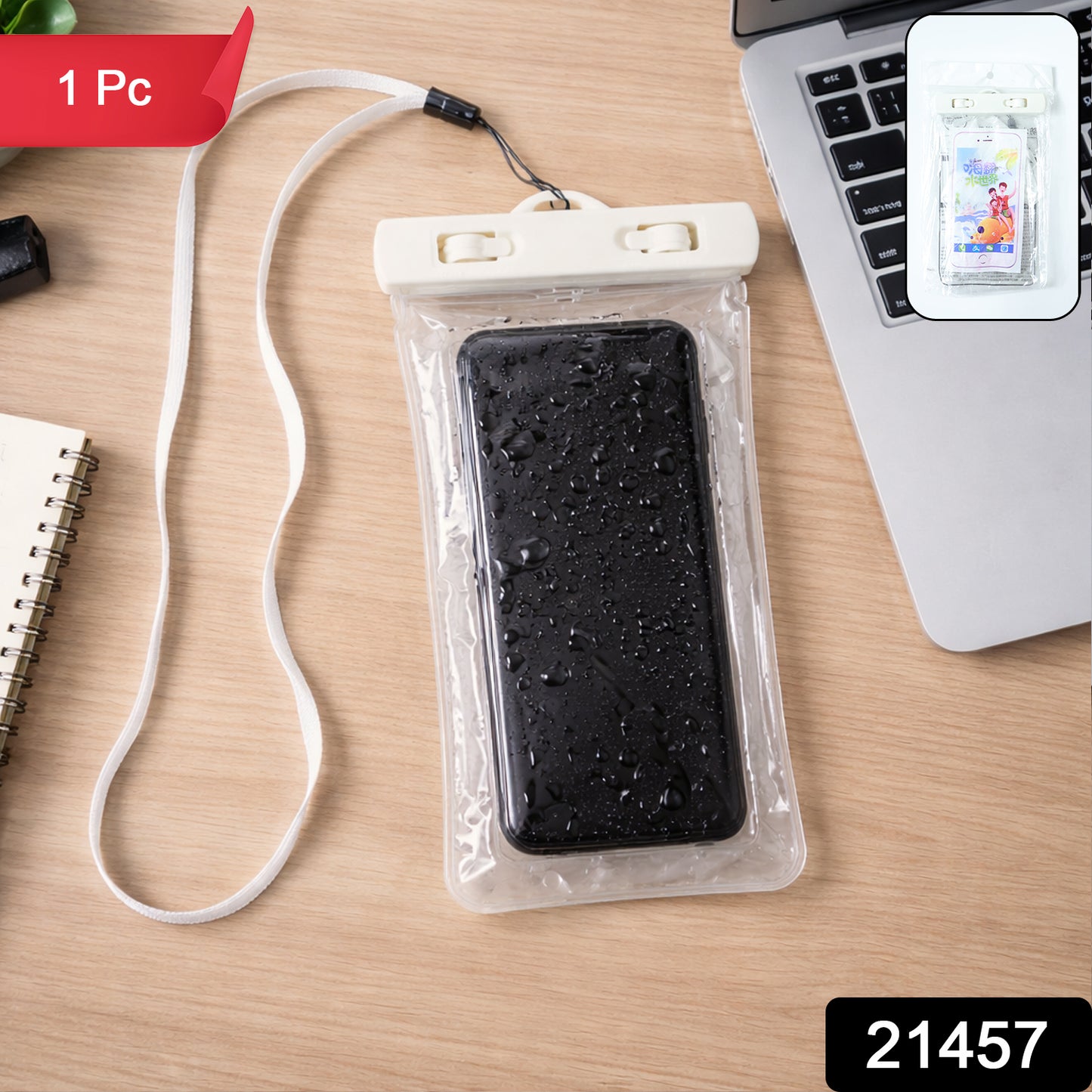 White waterproof phone pouch bag by Wukusy, showcasing a secure mobile cover with transparent front for easy screen access.