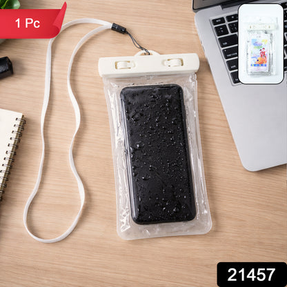 White waterproof phone pouch bag by Wukusy, showcasing a secure mobile cover with transparent front for easy screen access.