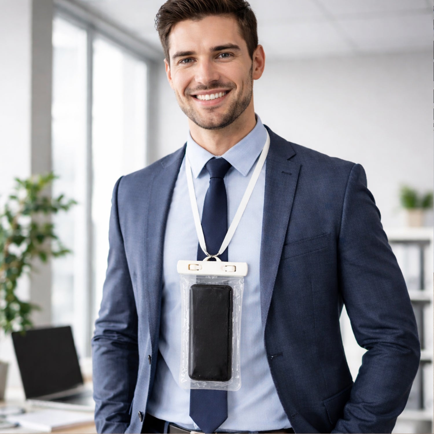White waterproof phone pouch bag by Wukusy, transparent mobile cover protecting smartphone from water and dust.