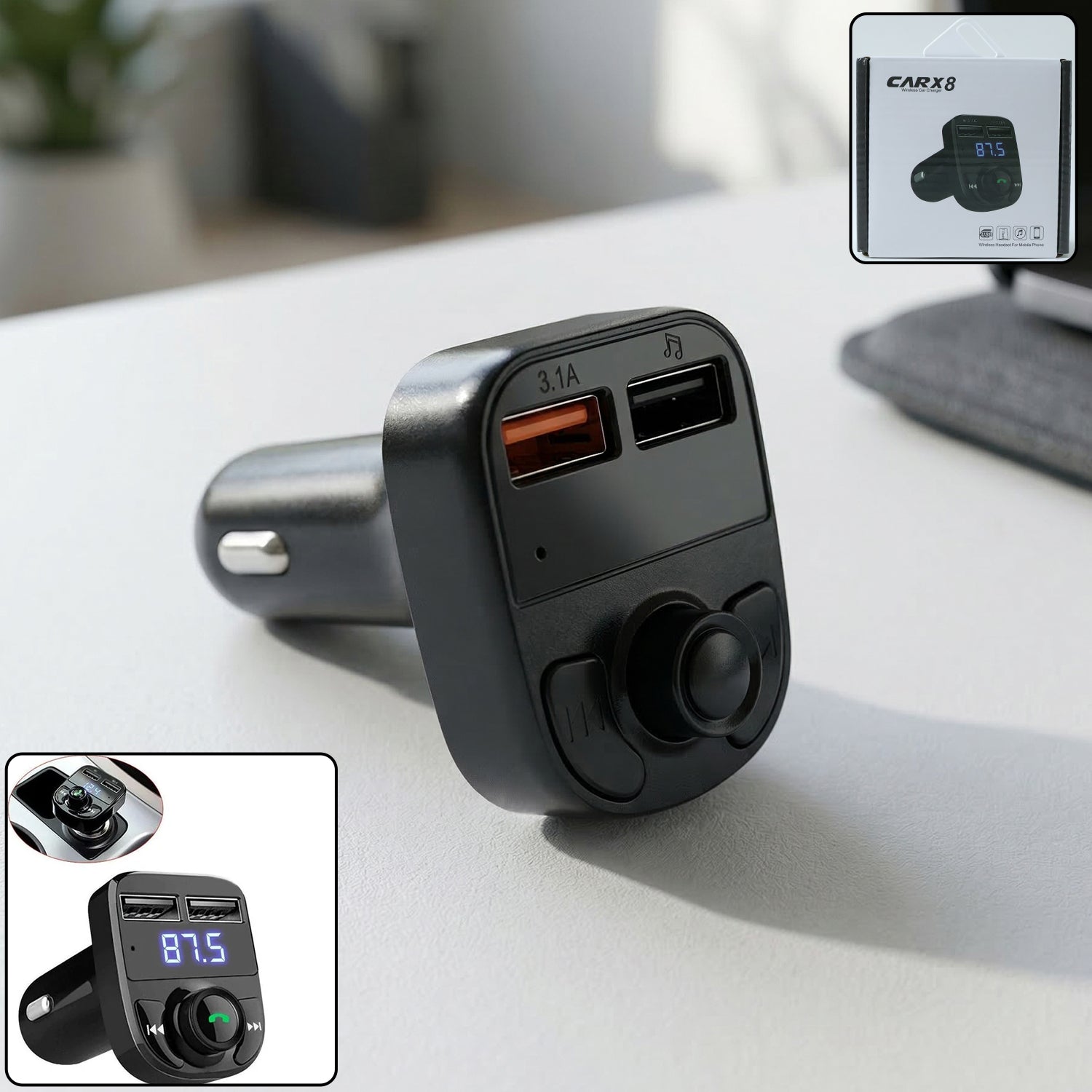 Wukusy wireless car charger with dual USB fast charging ports, mounted in a vehicle for convenient device charging.