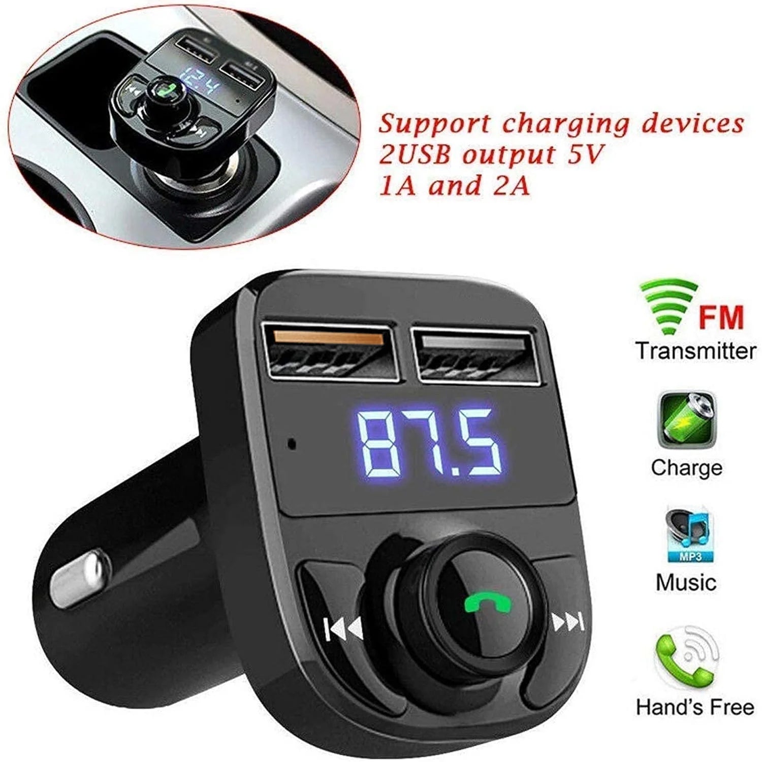 Wukusy wireless car charger with dual USB fast charging ports mounted in a car dashboard.