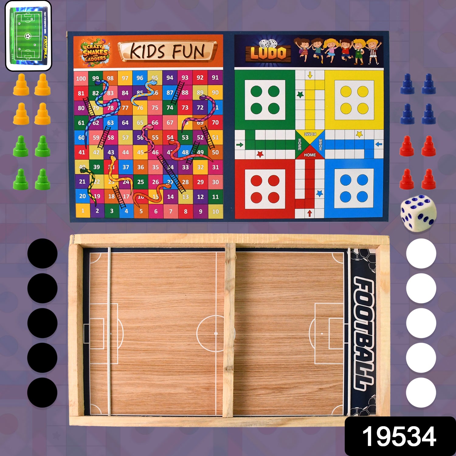 Wukusy wooden board game set featuring Ludo, Snakes and Ladders, and desktop football for family fun and entertainment.
