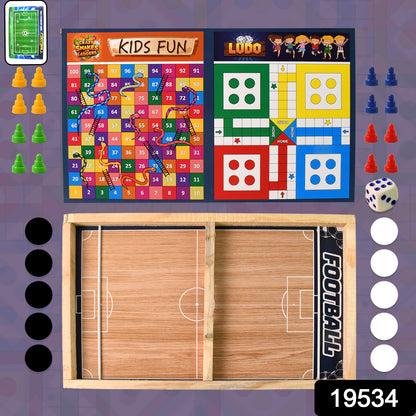 Wukusy wooden board game set featuring Ludo, Snakes and Ladders, and desktop football for family fun and entertainment.