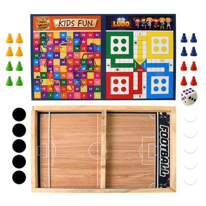 Wukusy wooden 3-in-1 game set with Ludo, Snakes and Ladders, and desktop football on a wooden surface.