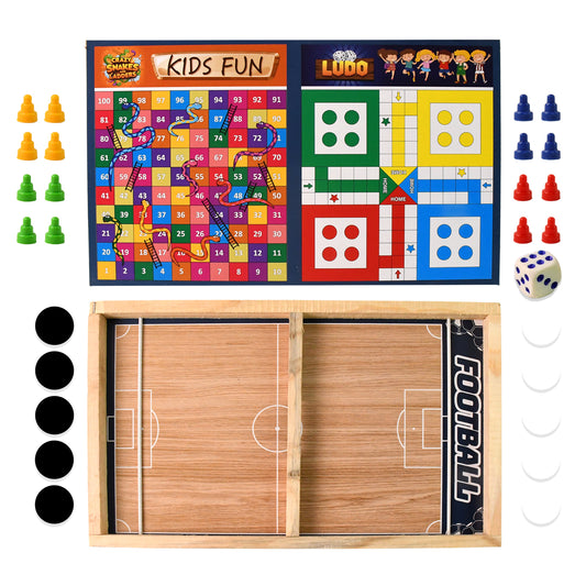 Wukusy wooden 3-in-1 game set with Ludo, Snakes and Ladders, and desktop football on a wooden surface.