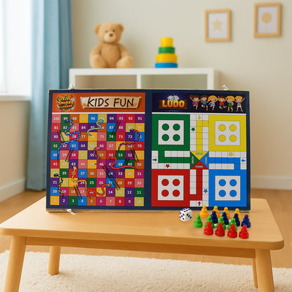 Wukusy wooden 3-in-1 game set with Ludo, Snakes and Ladders, and desktop football on a wooden surface.