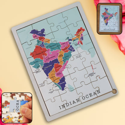 Wooden puzzle learning board for kids by Wukusy, featuring colorful mixed design pieces for educational play.