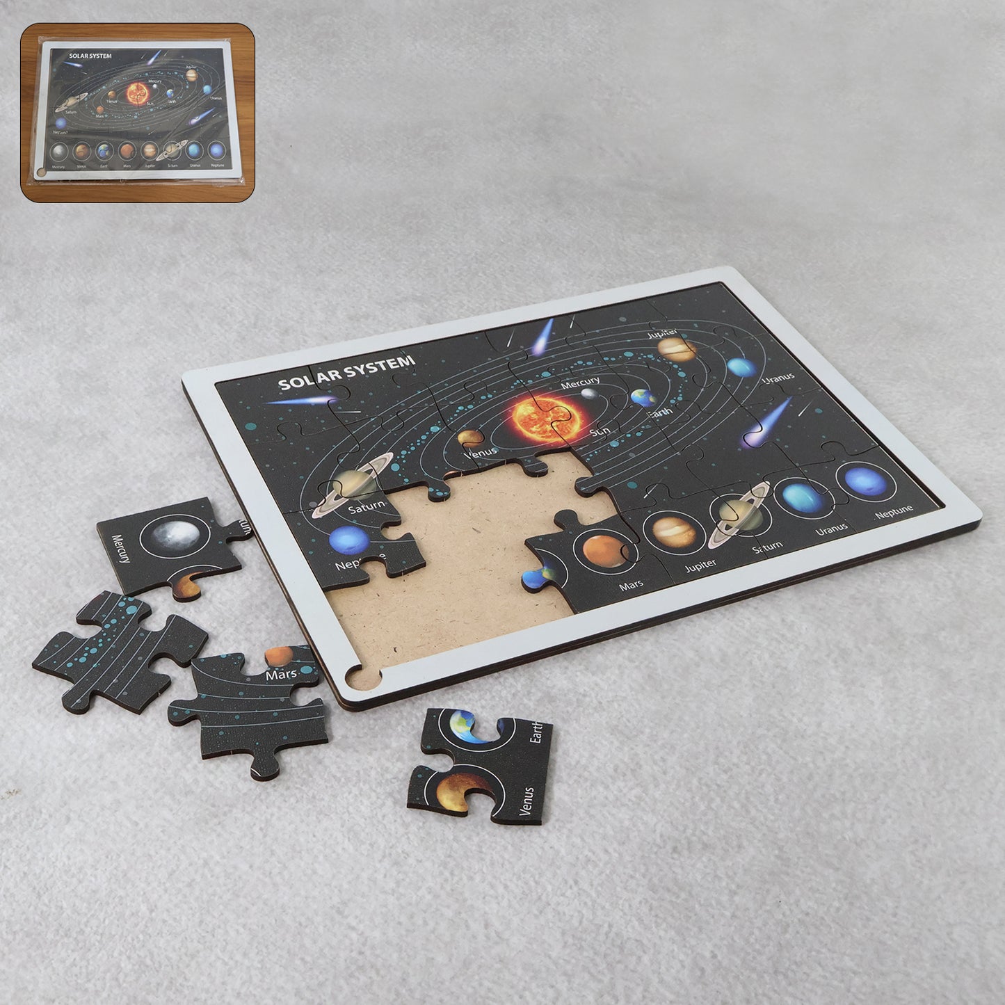 Wooden puzzle learning board for kids by Wukusy, featuring colorful mix design with educational shapes and activities.